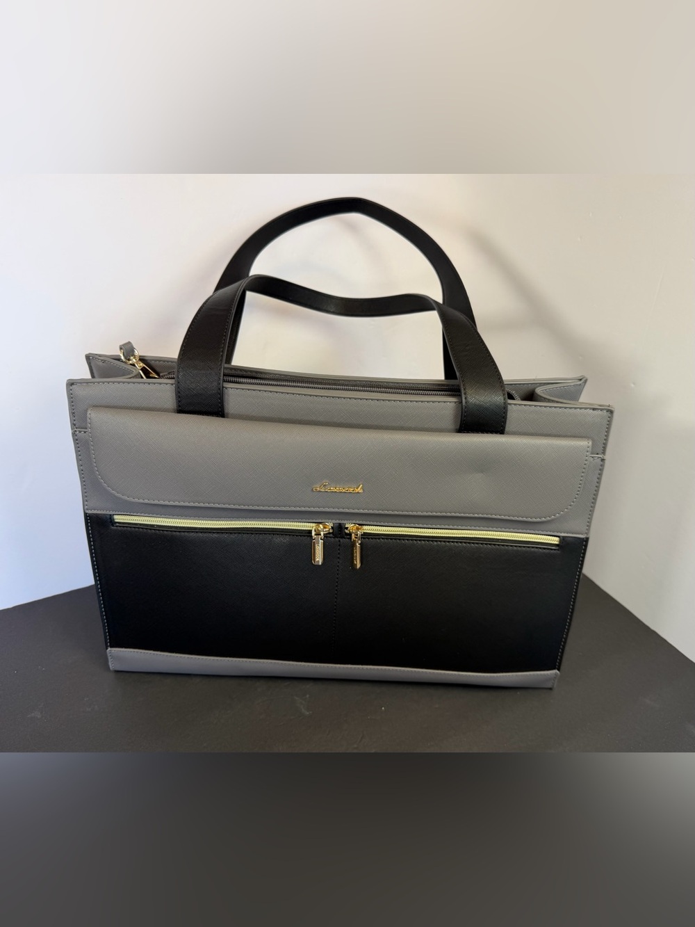 Lovevook Black Gray Colorblock Laptop Tote Bag 2Pc Set USB Port Clutch